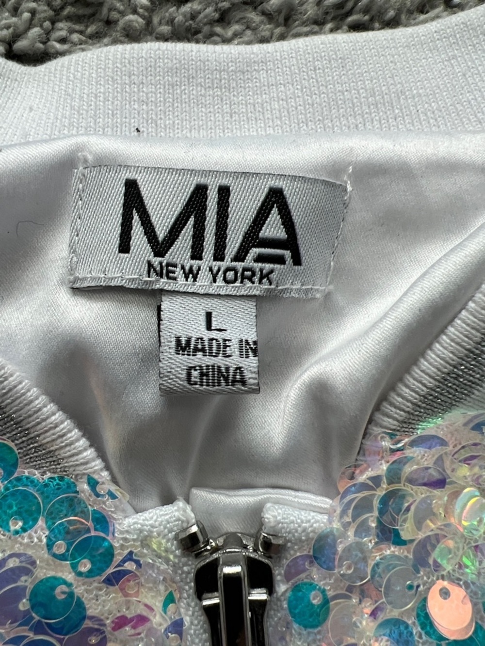 MIA New York White Holographic Iridescent Sequin Sparkle Bomber Jacket - Size L - Picture 7 of 11